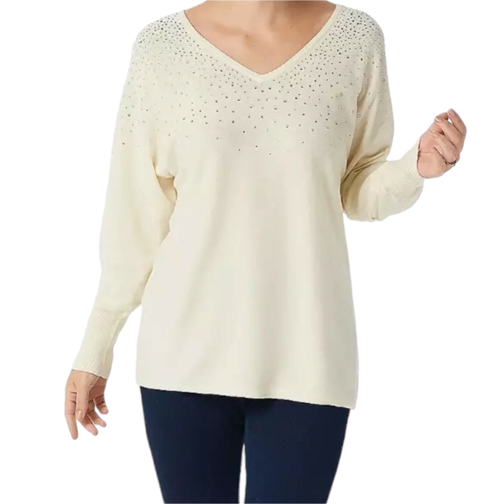 Belle by Kim Gravel Rhinestone Sweater XXS Ivory Off-White Reversible Sparkle
